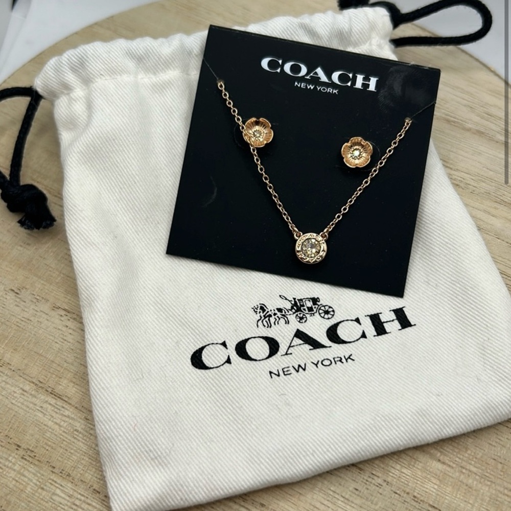COACH Rose Golden Open Circle Necklace with Flower Earring studs, NWT